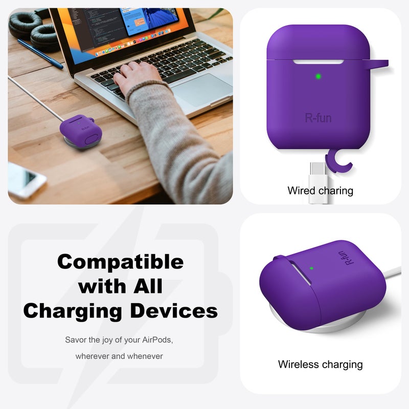 R-fun Compatible with AirPods Case Cover, Soft Silicone Protective Cover with Keychain for Women Men Compatible with Apple AirPods 2nd 1st Generation Charging Case, Front LED Visible,Purple - Image 4